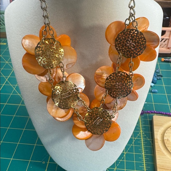 Orange Floral Statement Necklace-Mother of Pearl - Picture 3 of 3